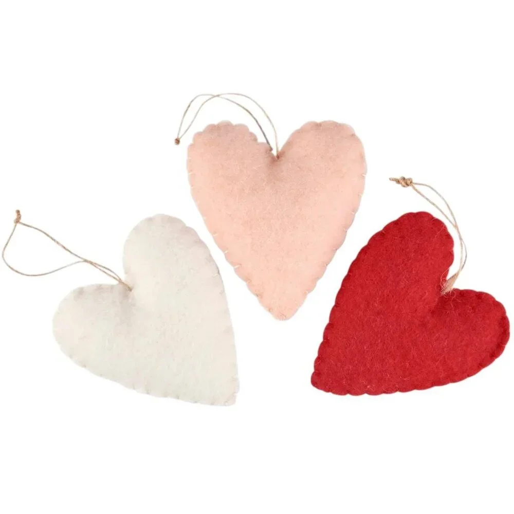Felt Valentine Heart Ornament Set Hugs XOXO Love Hugs Pink Red White